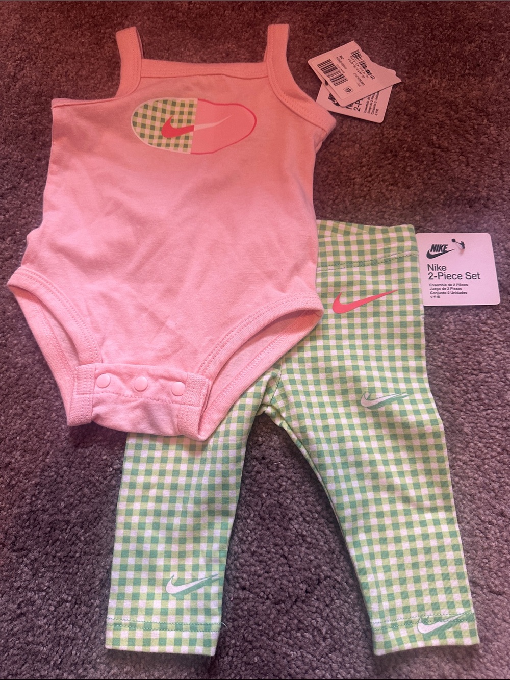 Nike Pink Tank Bodysuit with Green Gingham Leggings